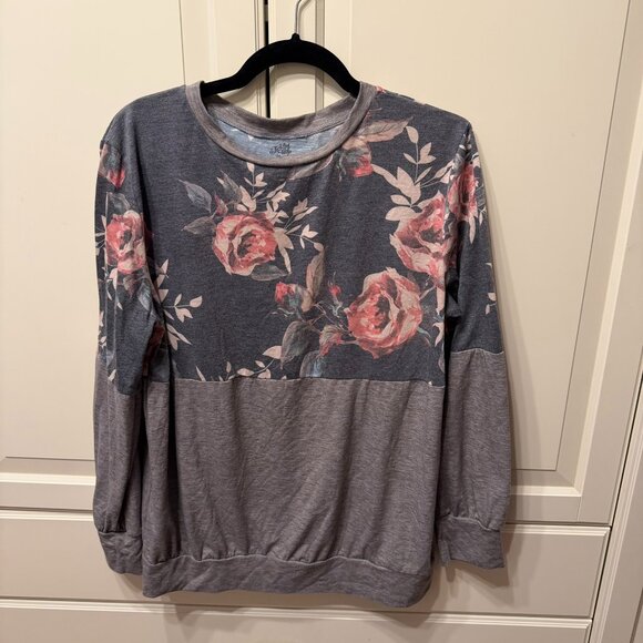 Tickled Teal Floral Long Sleeve Top - Gray and Pink - Picture 1 of 11
